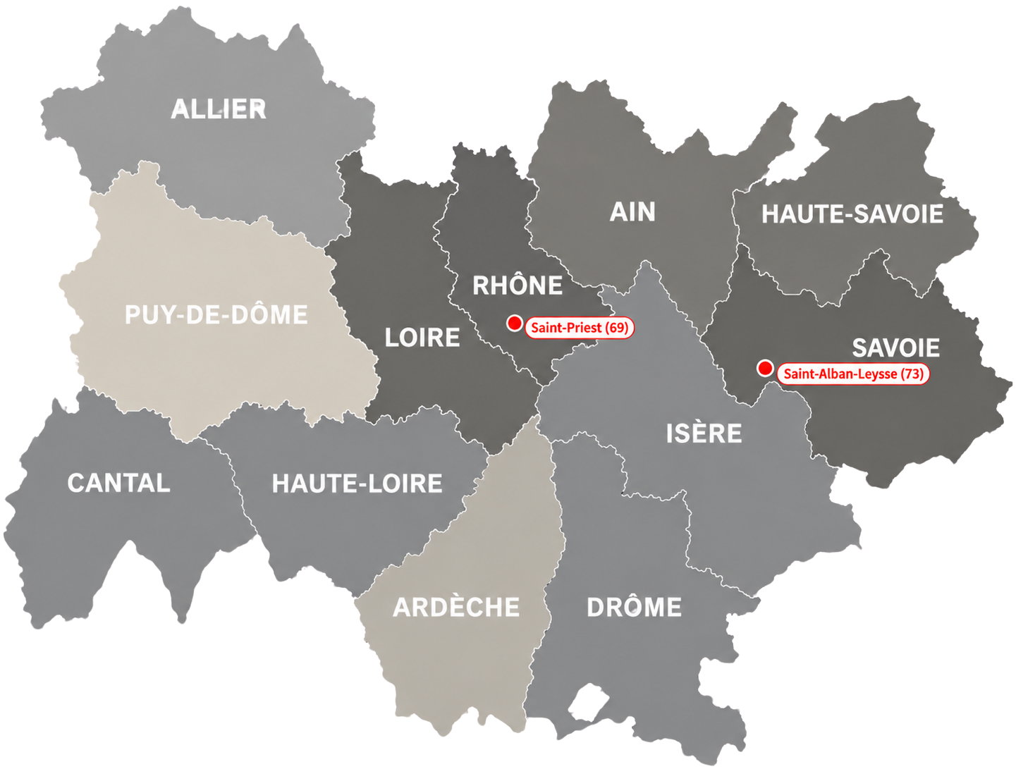 Carte des départements de la région Auvergne-Rhône-Alpes en France, avec deux points rouges indiquant Saint-Priest (69) et Saint-Alban-Leysse (73).