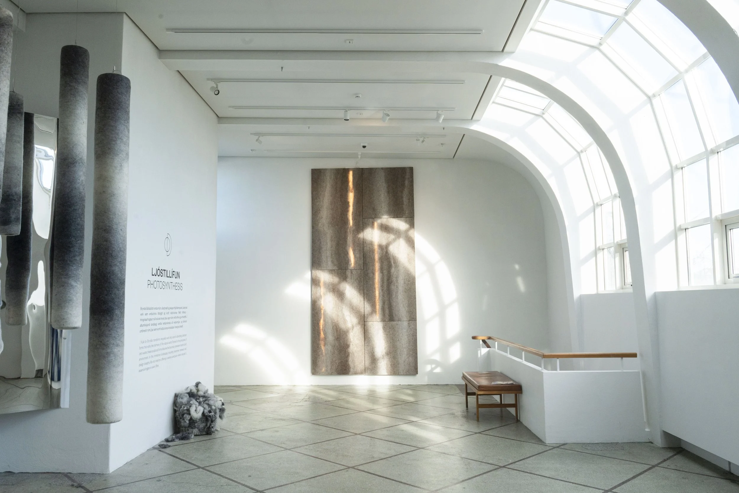 Minimalist art gallery with white walls, large curved window, and abstract textured wall art. The room has a wooden bench and a sign about photosynthesis.