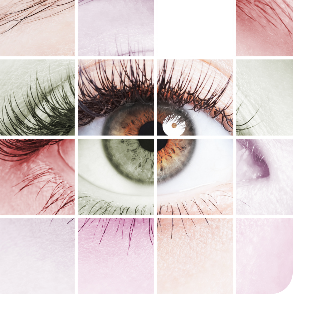 Close-up of a human eye and surrounding skin, with individual sections showing different views and details of the eye and eyelashes.