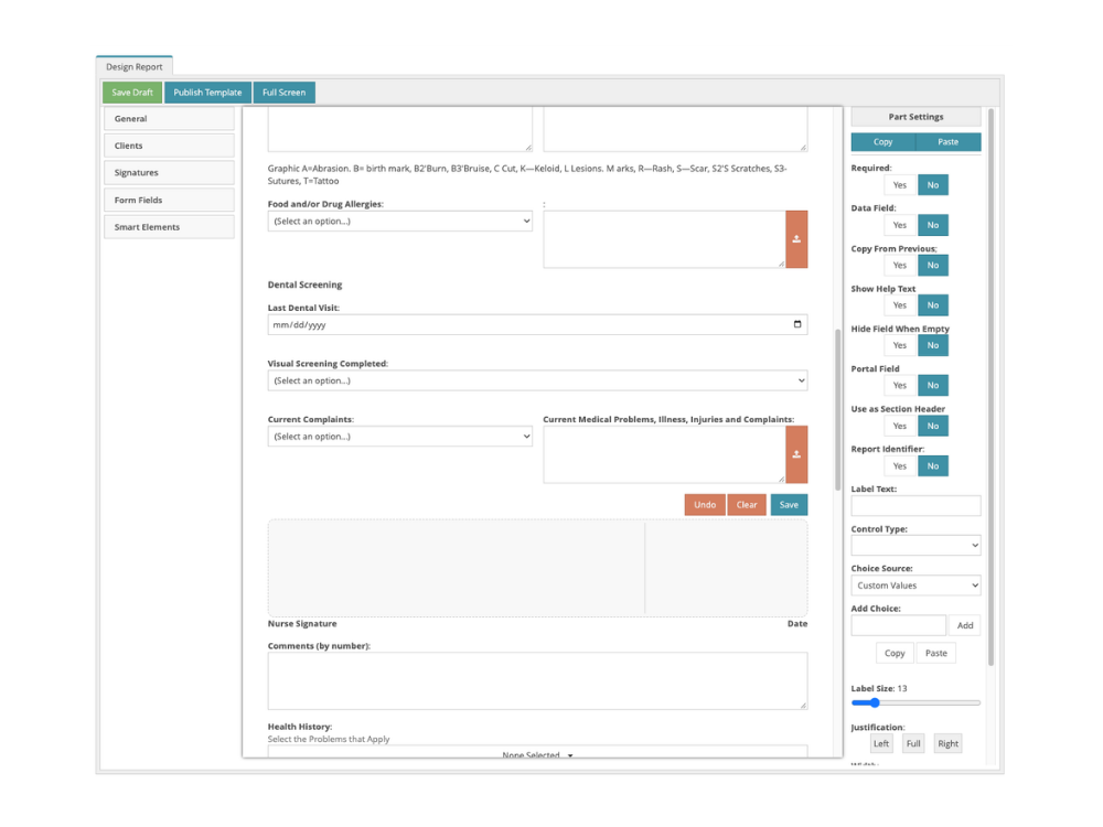 Noteable clinical report builder showing customizable documentation templates