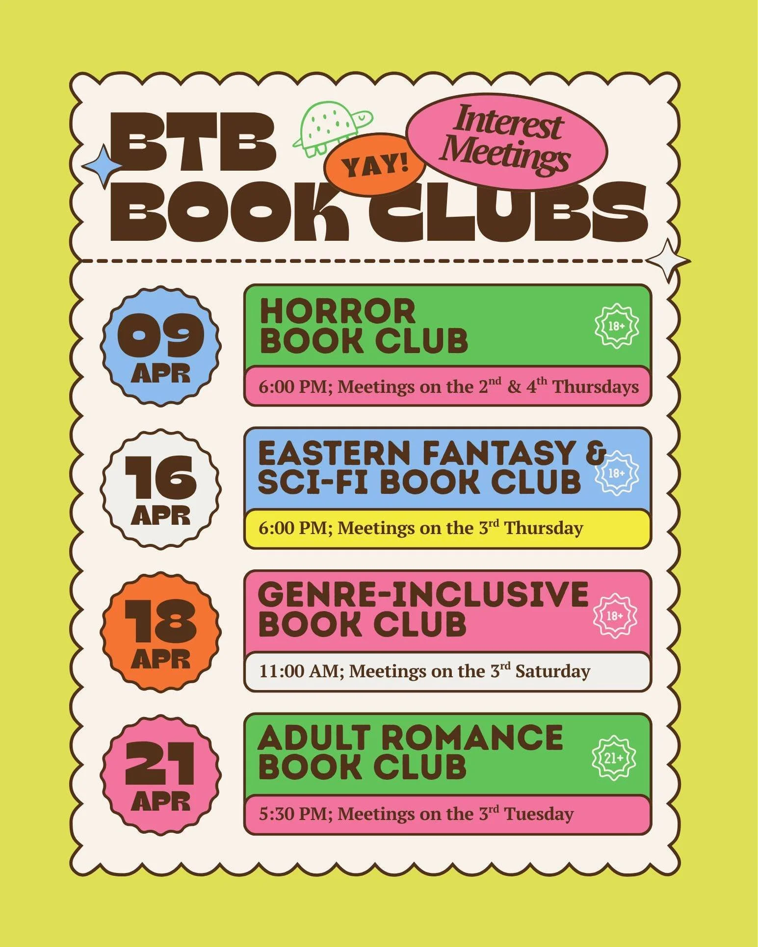 We're not foolin' around... book clubs are starting up this month at Box Turtle Books! Thanks to our amazing volunteers, we have four diverse clubs to offer. Save the dates! More details will be shared in our newsletter soon. Not on the list? Sign up
