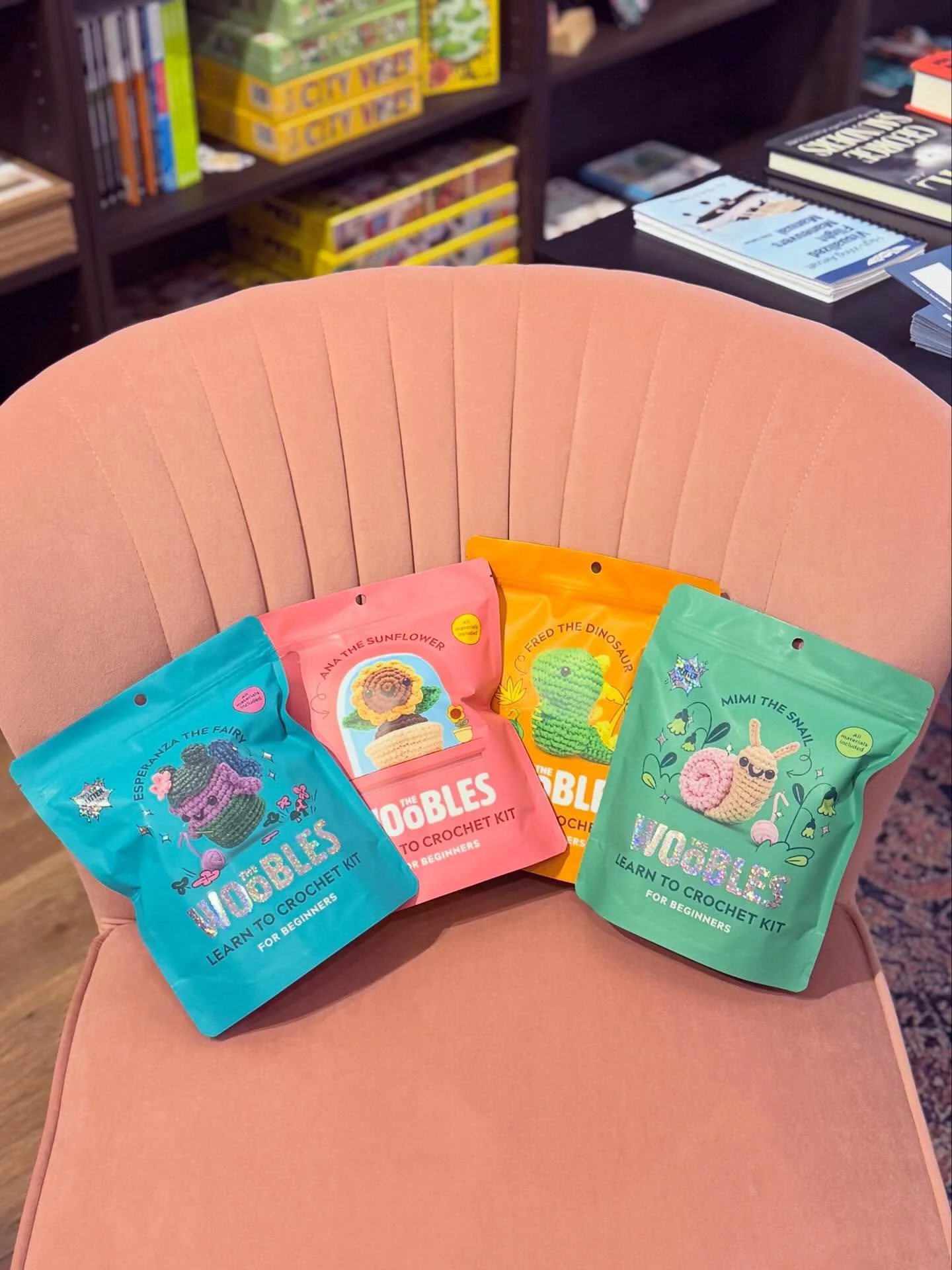 Looking for a last-minute addition to an Easter basket, or need something to do over spring break? We have @thewoobles now in stock at Box Turtle Books! Each package includes everything you need to crochet your own critter. 🥹
