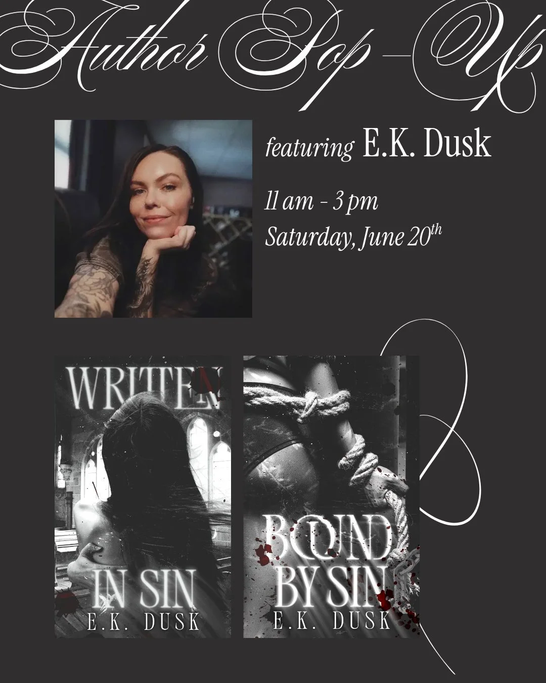 Dark romance readers, this one is for you 🖤🥀 

Join us at Box Turtle Books to welcome local author E. K. Dusk, author of Written in Sin and the newly-released Bound By Sin, book one and two respectively of her Desecrated Doctrine series. She'll be 