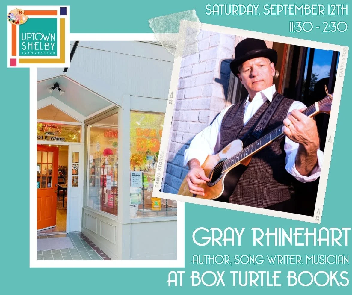 The@uptownshelby Art Crawl is happening TODAY, 9/12 all throughout the district. We have @grayrinehart inside the shop with his books and his guitar until 2:30 PM today. Come say hello!