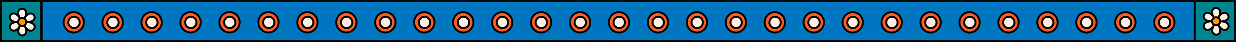 Decorative border with a floral motif consisting of small daisies on a background of alternating orange and black circles and a light blue stripe with daisies.