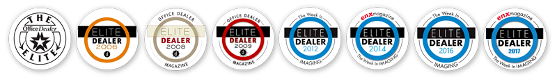 A series of automotive dealer badges from 2006 to 2017, each with a circular design and text indicating recognition in the Elite Dealer program for those years.