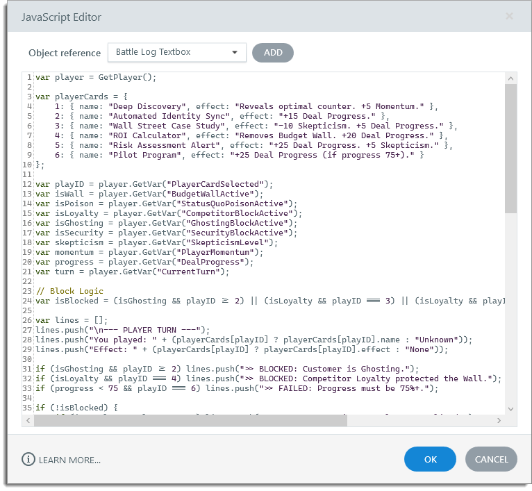 Screenshot of the JavaScript Editor in Articulate Storyline 360 with part of the JavaScript powering the game's BattleLog.