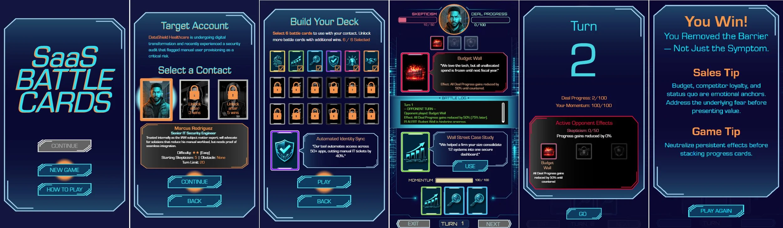 Screens from the SaaS Battle Cards game combined into a darkened background banner.