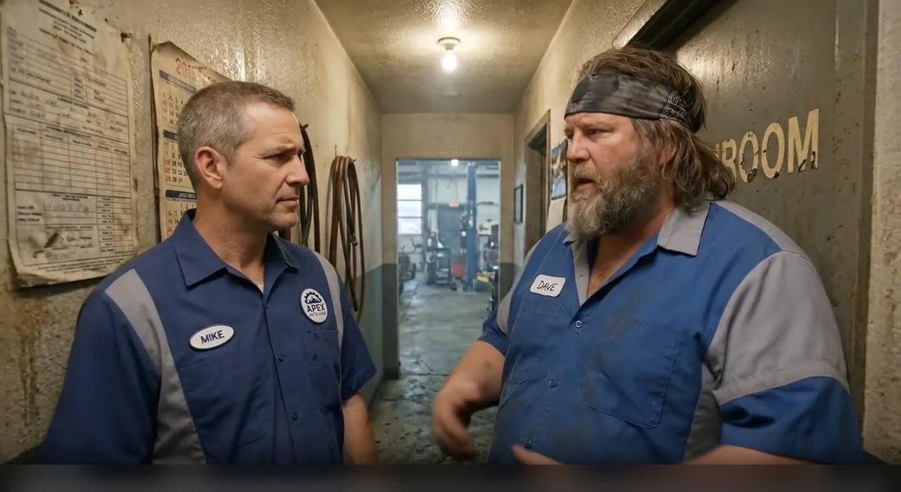 Video screenshot of two men talking in the hallway of a cluttered auto repair shop.