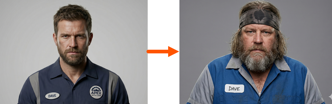 Before and after AI-generated images of Dave. On the left, Dave is physically fit with short hair. On the right, Dave is heavy-set with long hair and scruffier beard.