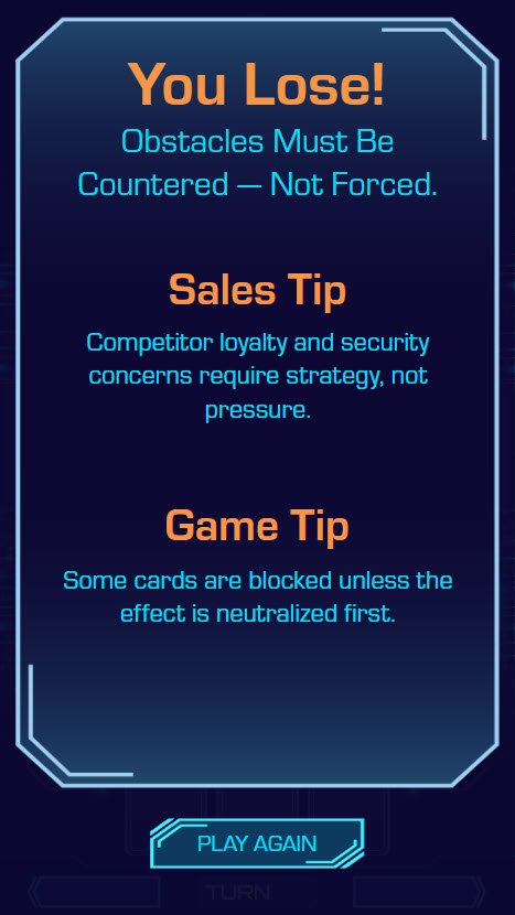 Slide 5 Loss Feedback: "You Lost!" followed by a randomized statement, randomized Sales Tip and randomized Game Tip.