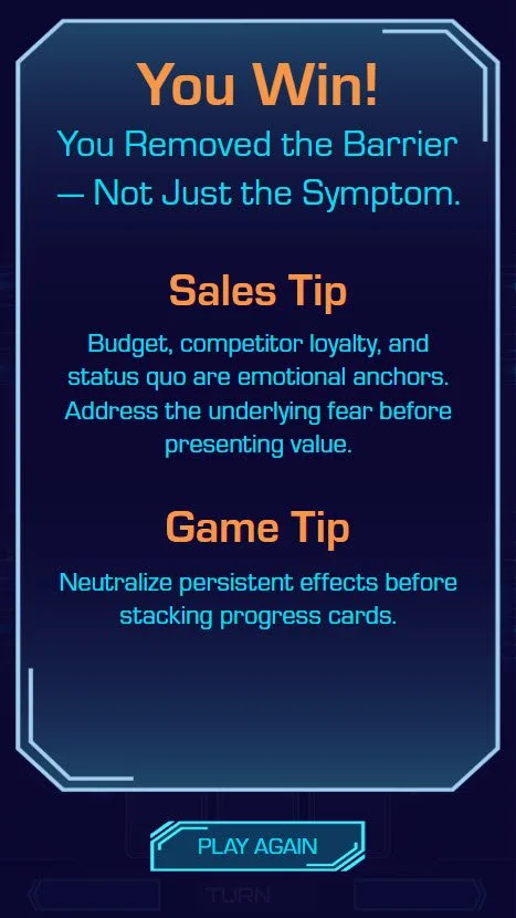 Slide 6 Win Feedback: "You Won!" followed by a randomized statement, randomized Sales Tip and randomized Game Tip.