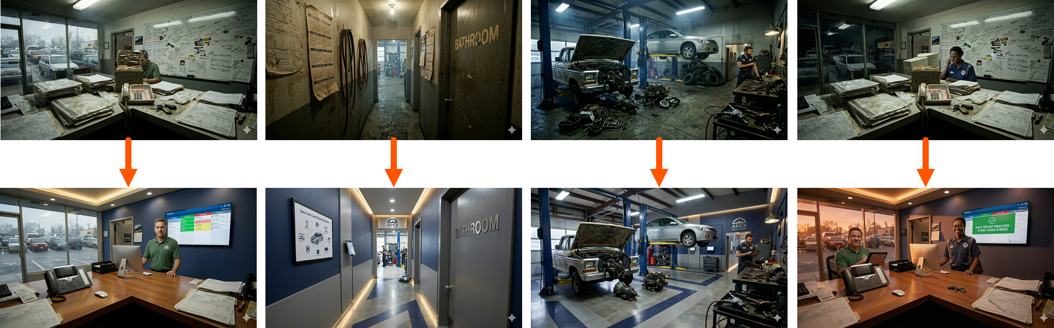 Rows of matching locations in an auto repair shop, including the lobby, hallway, repair bay, and after hours lobby.  Top row images shows clutter and disorganization. Bottom row shows clean, well-ordered spaces.