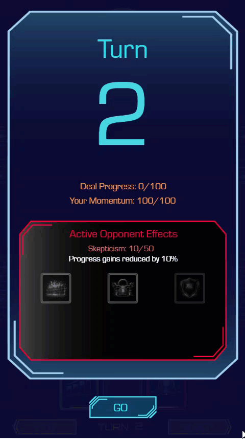 Animated game screen showing indicator bars for Skepticism, Deal Progress, and Momentum change in response to game play actions. A text-based battle log in the middle of the screen adds text and automatically scrolls to the bottom.