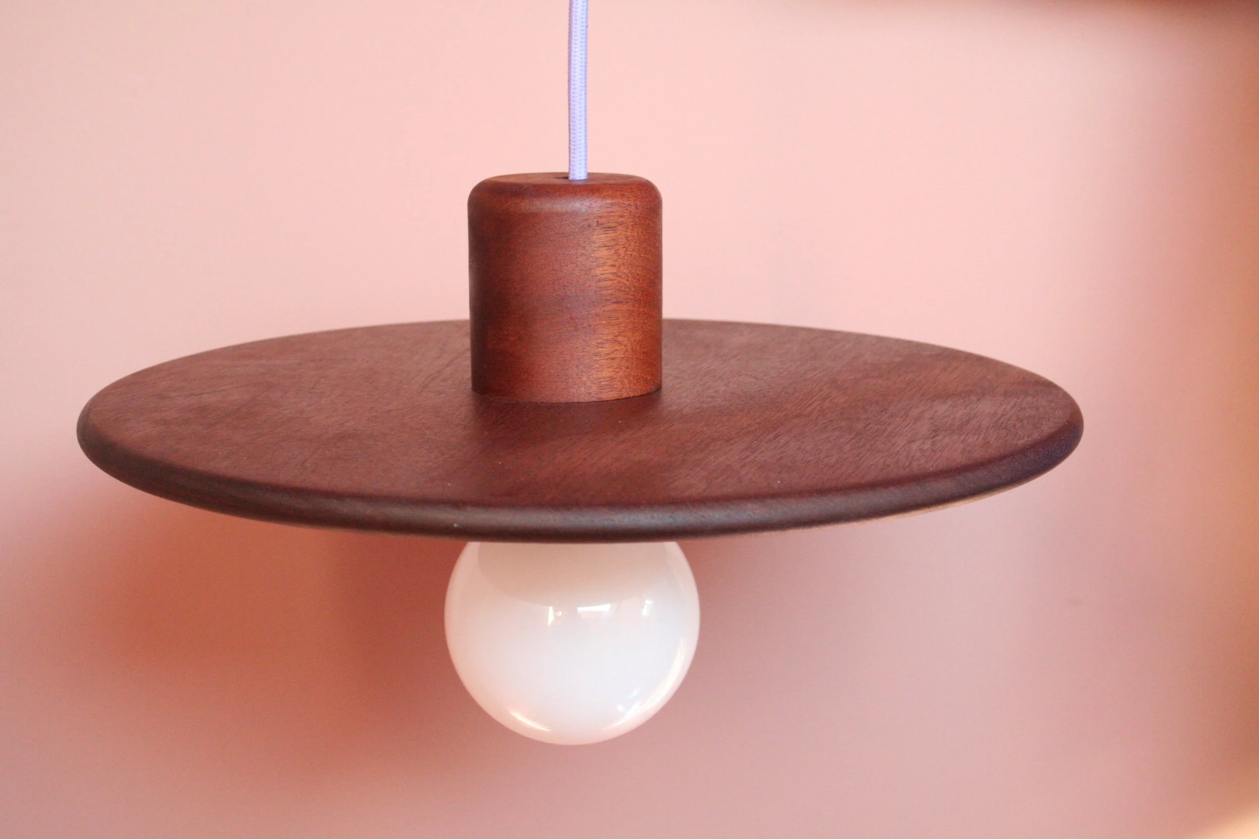 Houten salontafel met afgeronde driehoekige vorm. Op de tafel staat een rood potje met een groene plant met lange, uitwaaierende takken en bladeren. De tafel staat op een houten vloer, tegen een witte muur.