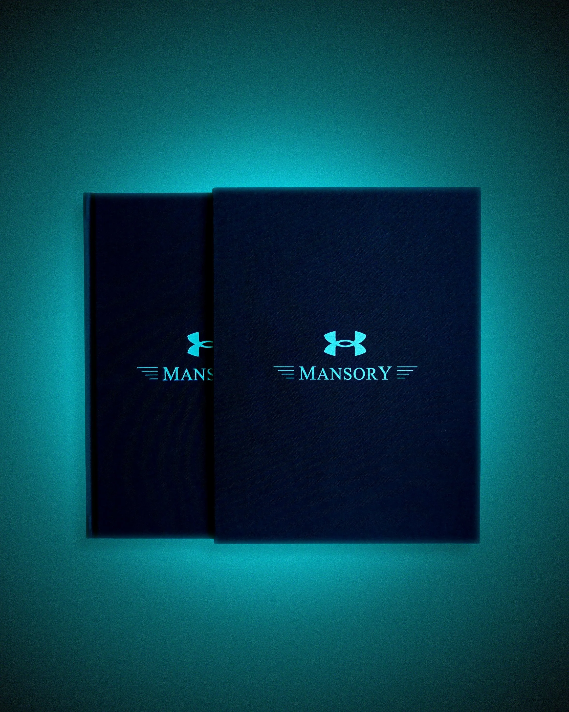 Two black boxes with the Under Armour logo and the word 'MANSORY' in aqua blue text, illuminated against a greenish background.