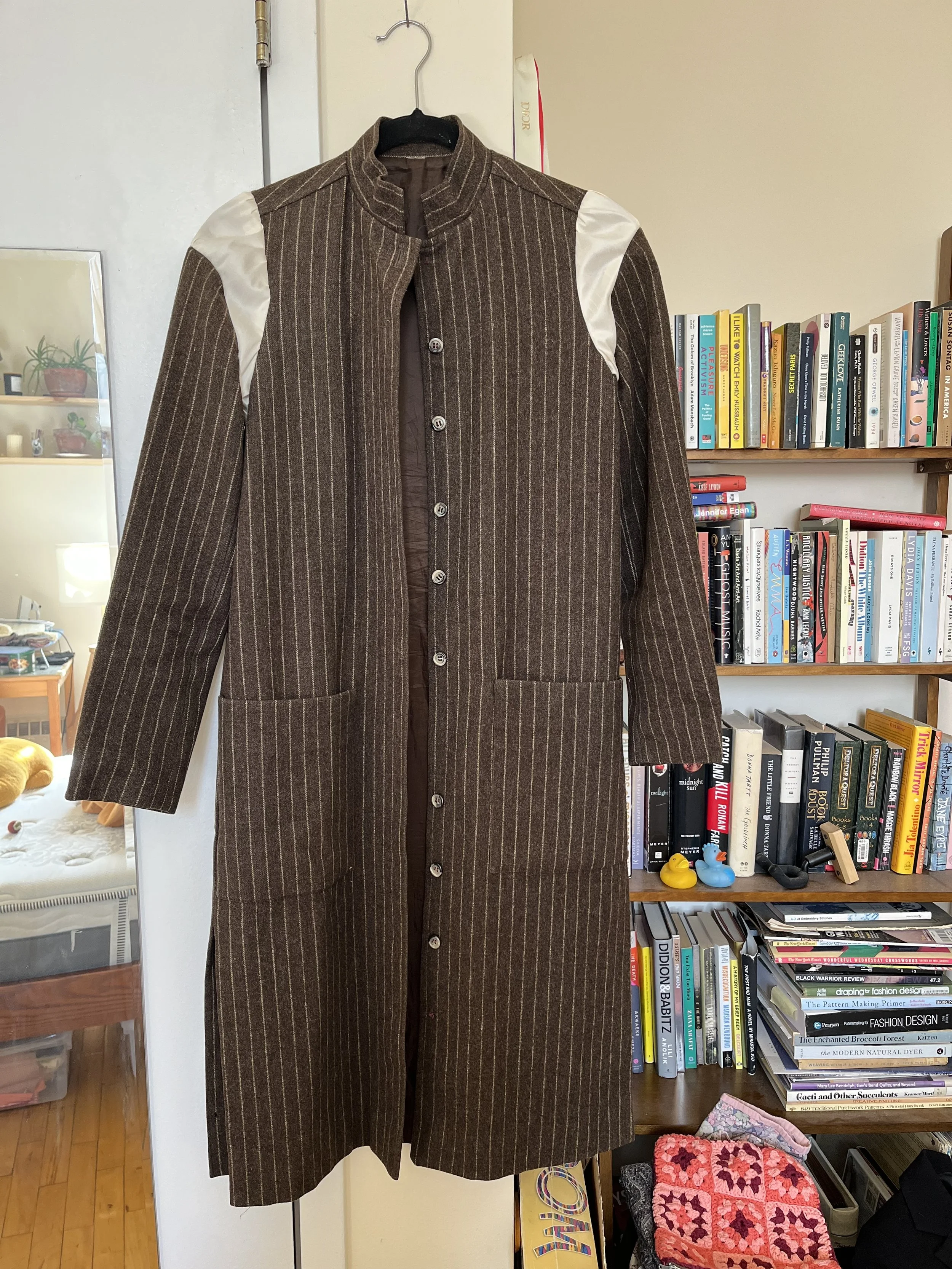 Wool coat modified with decorative (and functional), slightly puffy shoulder gussets / Designed by the client and Eliza, patterned and sewn by Eliza