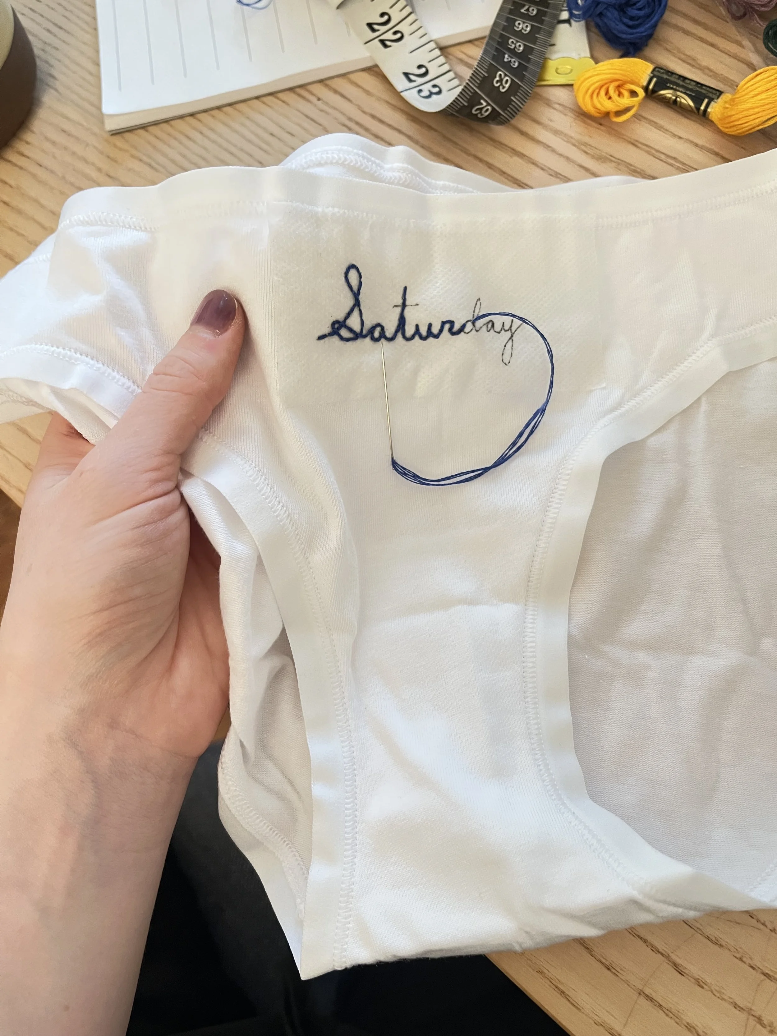 Custom day-of-the-week underwear for short film The Hatred / Hand embroidered by Eliza / June 2025