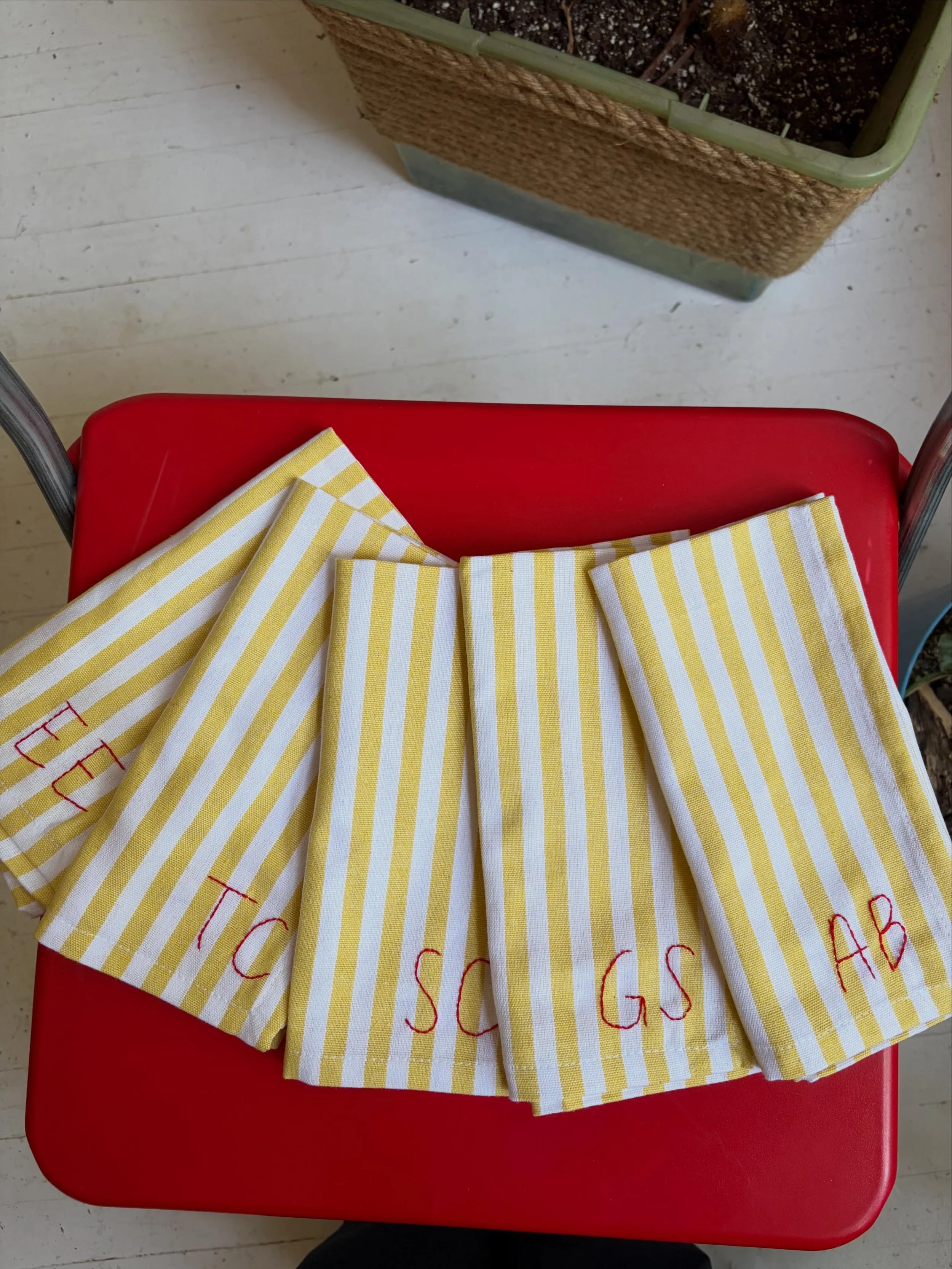 Custom dinner napkins for Farm Rio x Vicky Montanari event / Hand embroidered by Eliza / June 2026