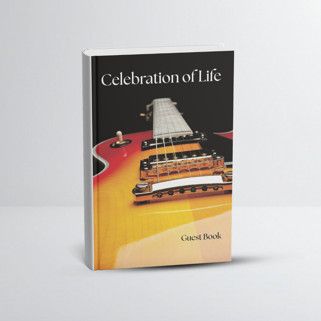 Guest book with a cover photo of an electric guitar and the text 'Celebration of Life' on a plain white background.