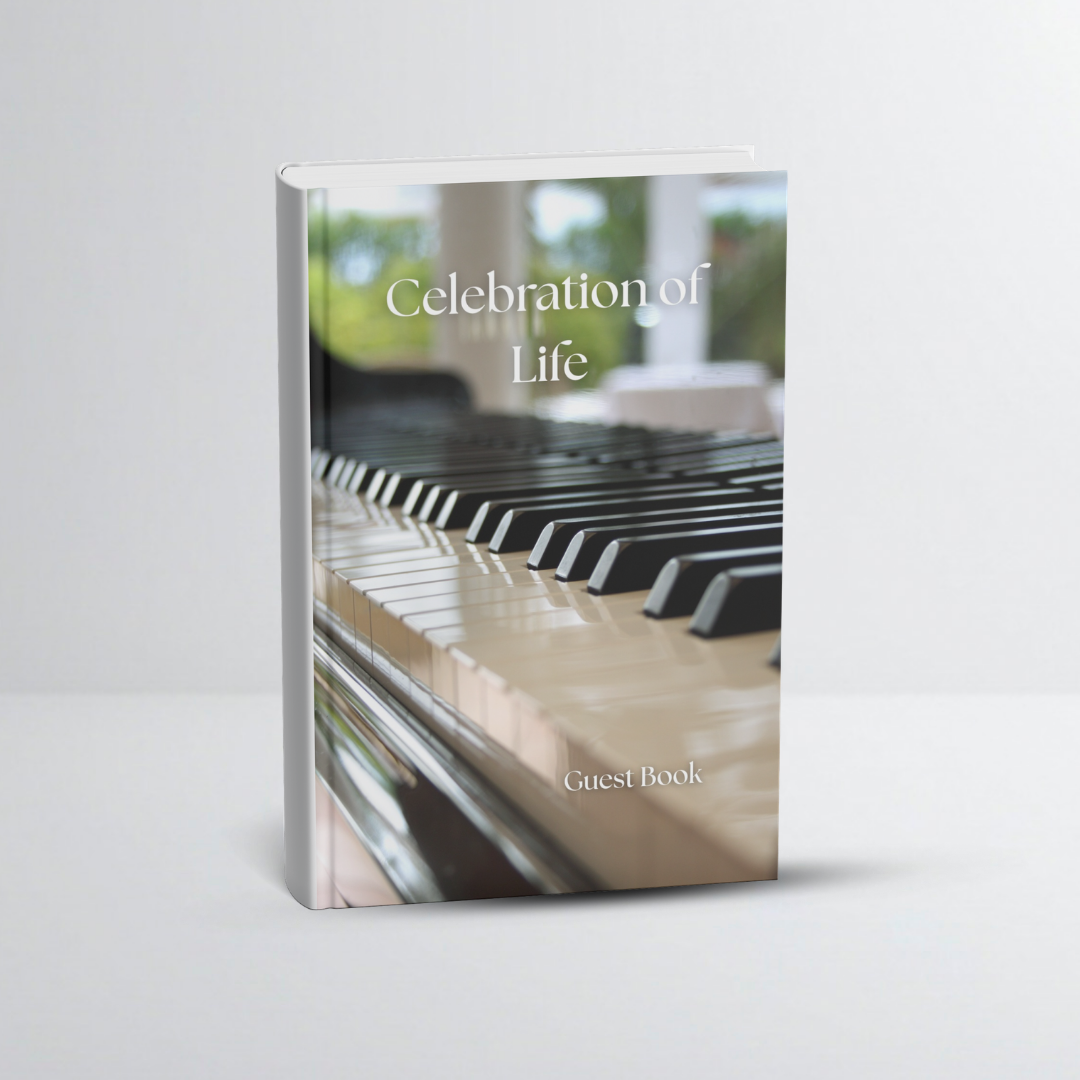 Guest book with a cover image of a piano keyboard and blurred background, titled 'Celebration of Life'.