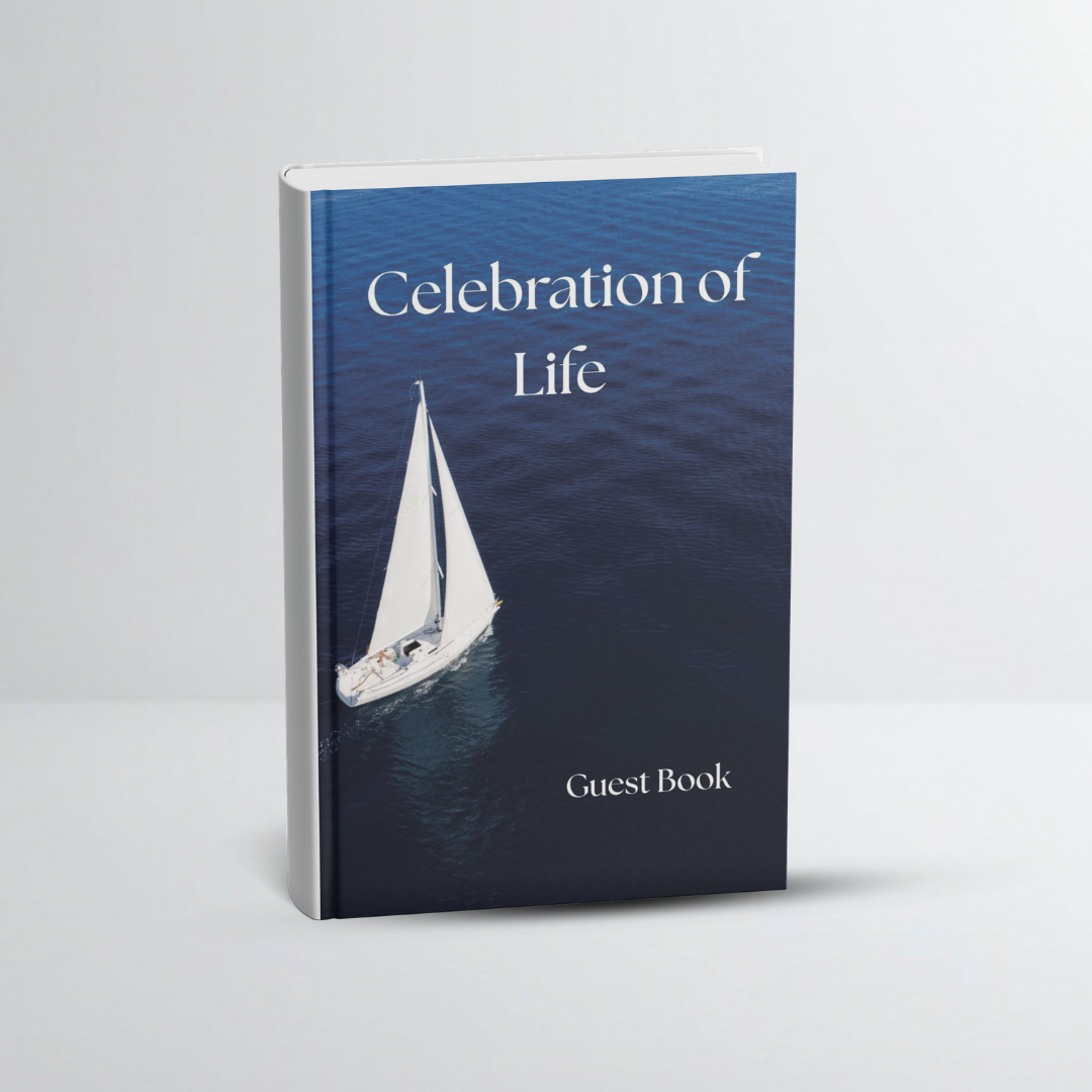 A guest book with a cover photo of a sailboat on the water and the text "Celebration of Life" on it.