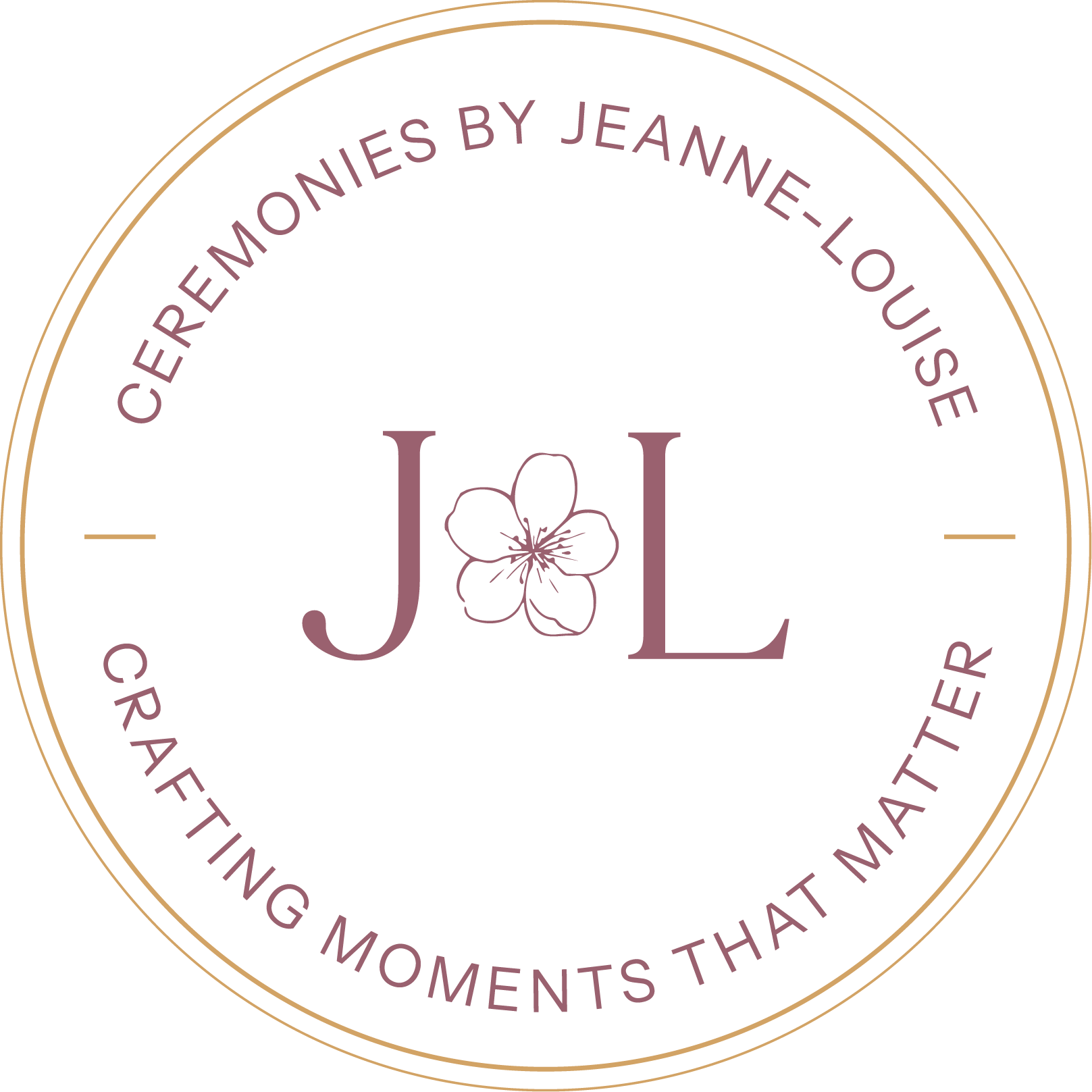 Logo for Ceremonies by Jeanne-Louise, featuring the initials J and L with a flower in between, surrounded by the tagline "Crafting moments that matter" on a black background.