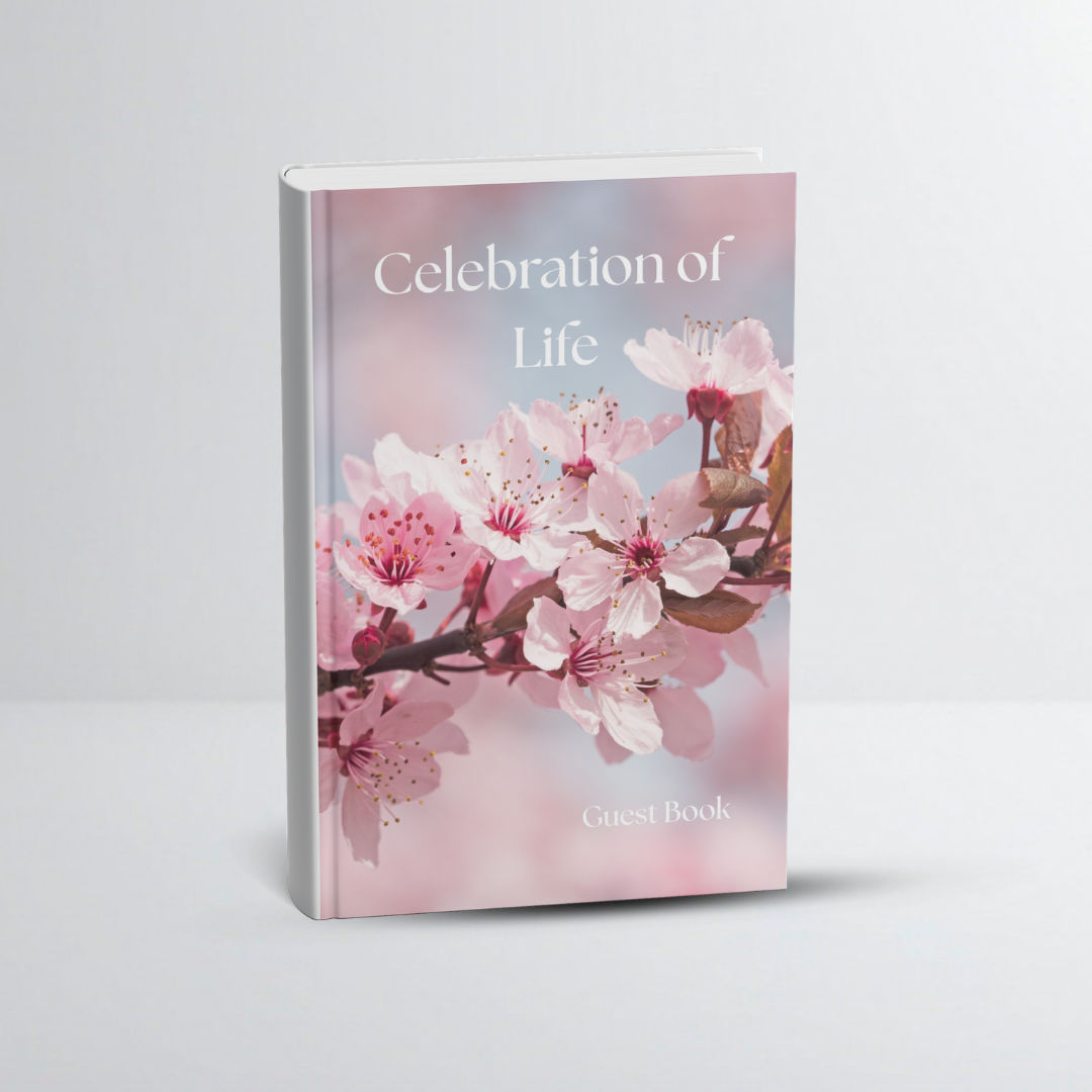 Guest book titled "Celebration of Life" with a cover photo of pink cherry blossoms