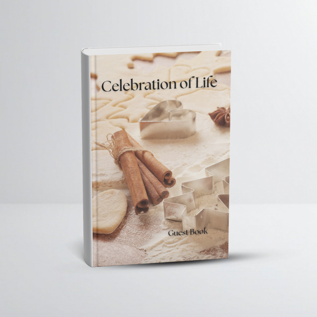 Book titled 'Celebration of Life' with baking ingredients and cookie cutters on the cover.