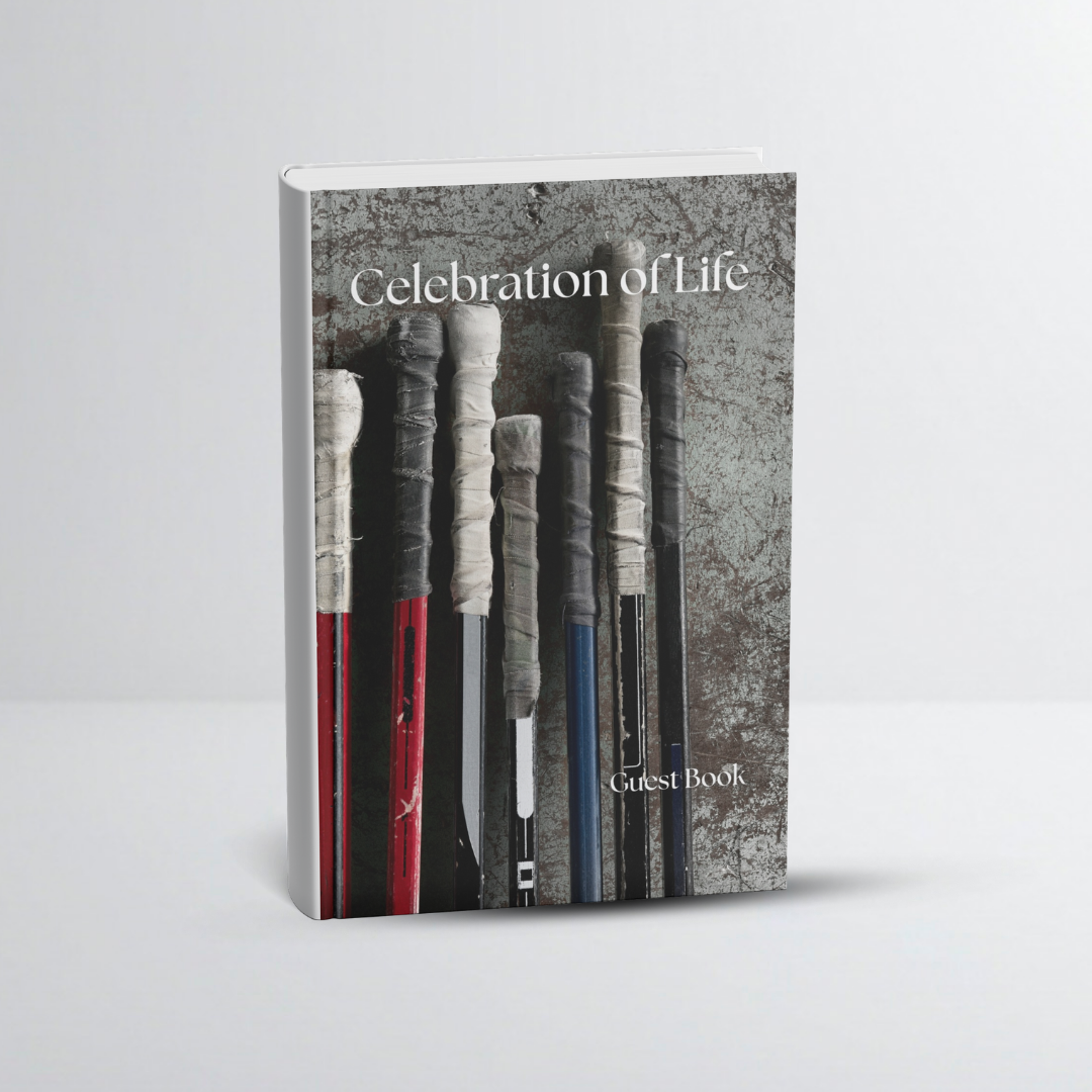 A guest book titled "Celebration of Life" with a cover featuring multiple hockey sticks.