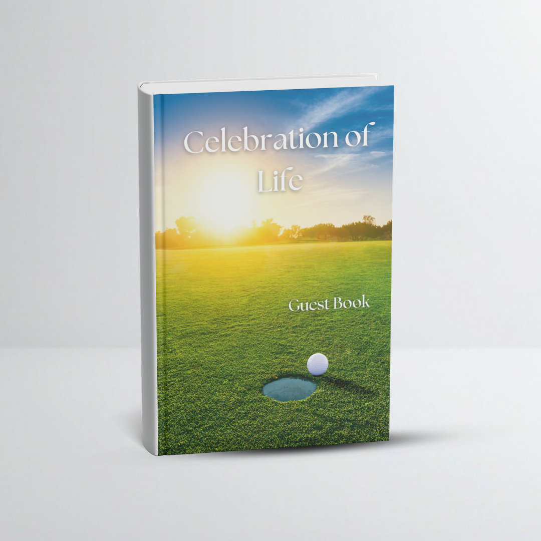 Guest book titled "Celebration of Life" with a cover image of a golf course and a setting sun.