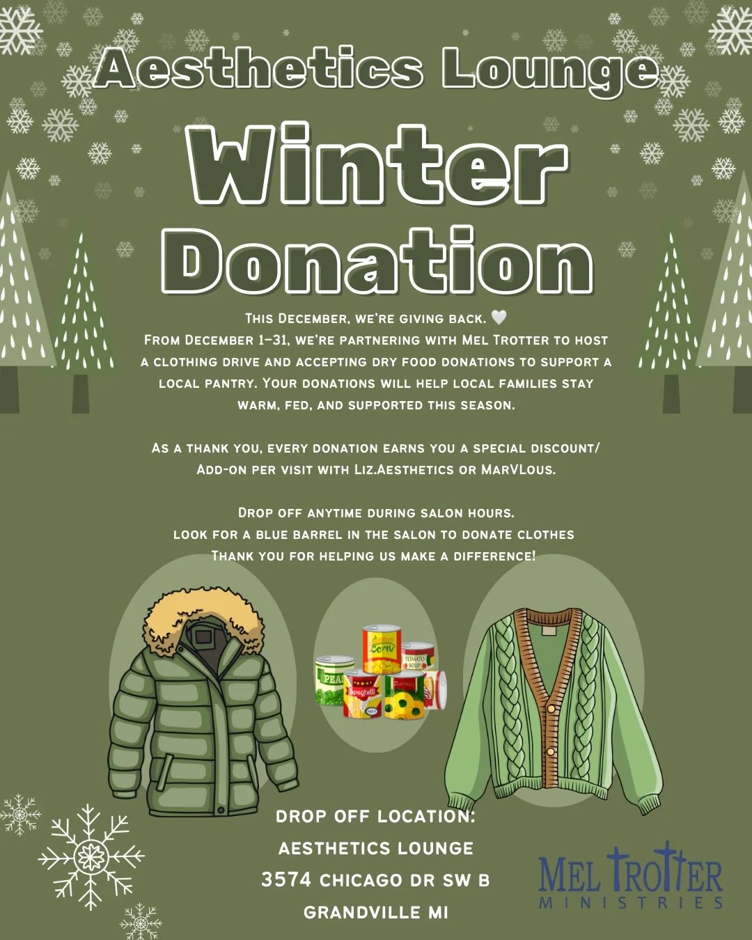 This December we&rsquo;re giving back 🤍✨ 
Aesthetics Lounge is proud and honored to partner with @meltrottermin for a month long clothing + dry food drive happening Dec 1&ndash;31.
We&rsquo;re truly grateful to be part of something bigger than us, a