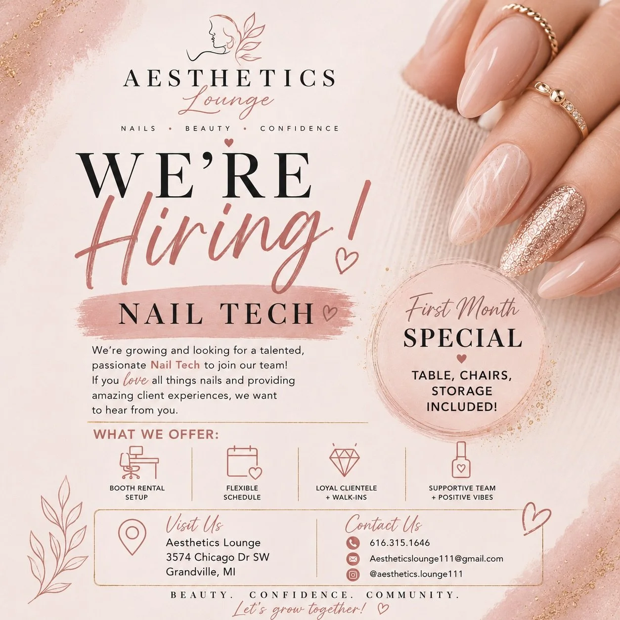 ✨ WE&rsquo;RE HIRING A NAIL TECH ✨

Ready to grow your business in a beautiful, supportive salon environment? 💅🤍

Join the team at Aesthetics Lounge! We currently have a nail station available with a special first month offer. Table, chairs, and st