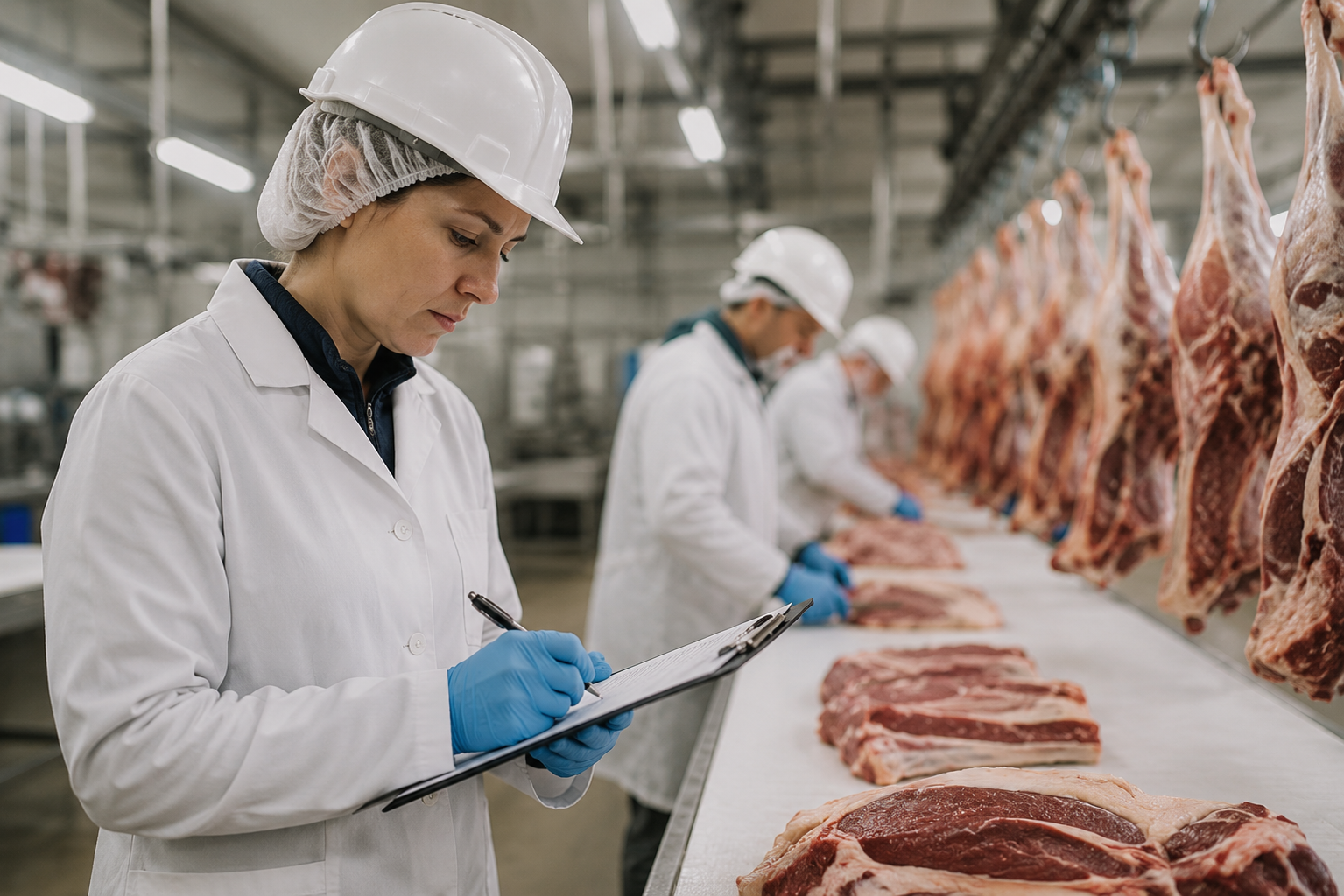 Meat industry quality assurance specialist conducting food safety inspection inside a commercial meat processing facility with production line and carcass rail in the background.