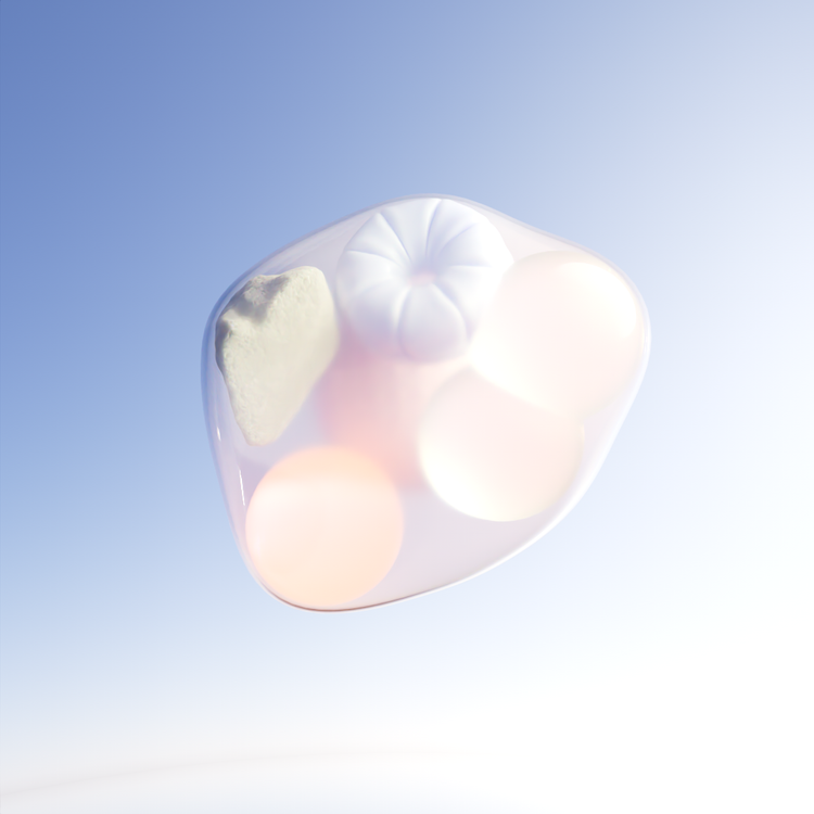 Close-up of a cloudy plastic container filled with white and pink pills and a powdery substance, viewed from below against a bright blue sky.