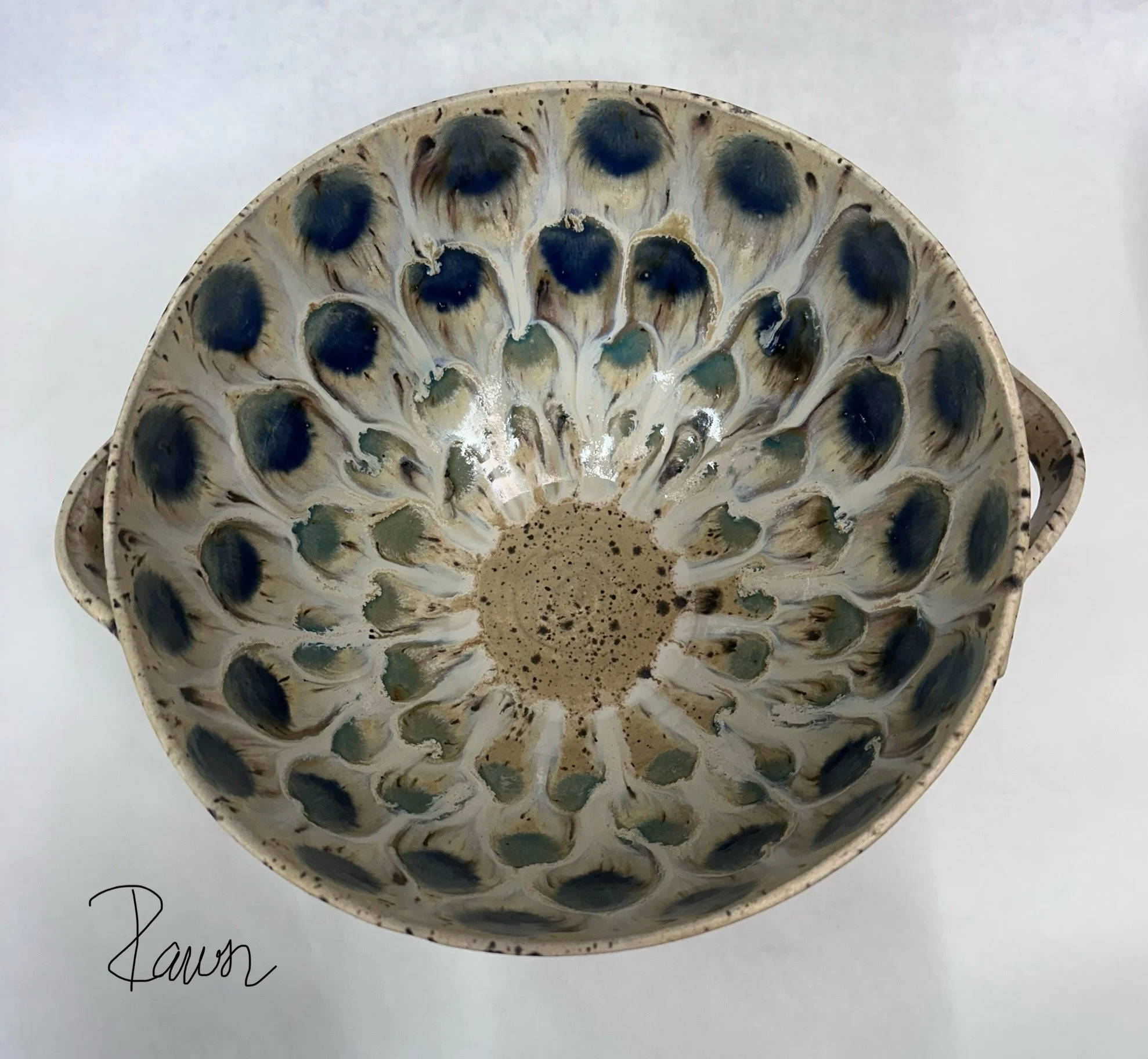Ceramic bowl with peacock glaze style in white and green