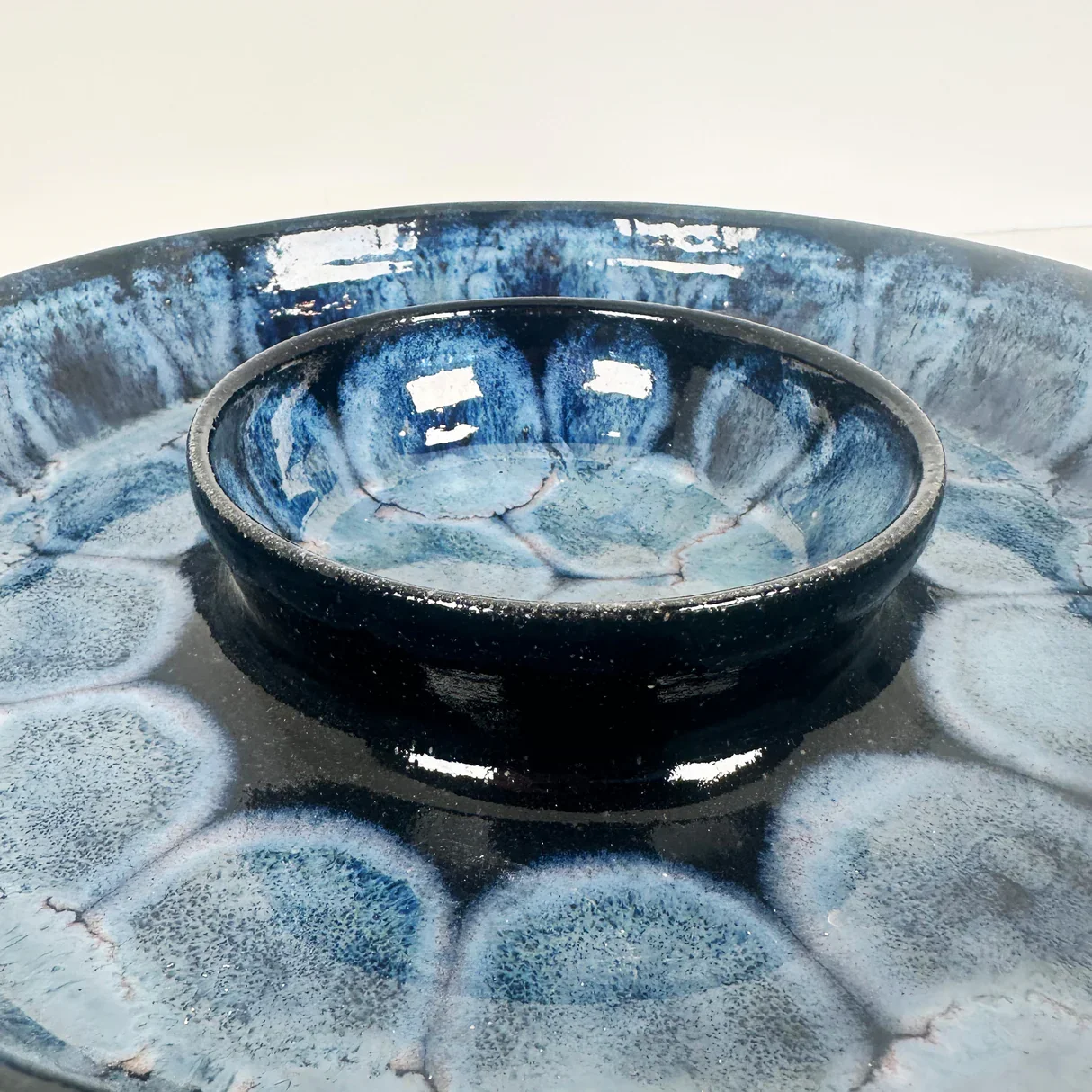 Blue ceramic chip and dip platter