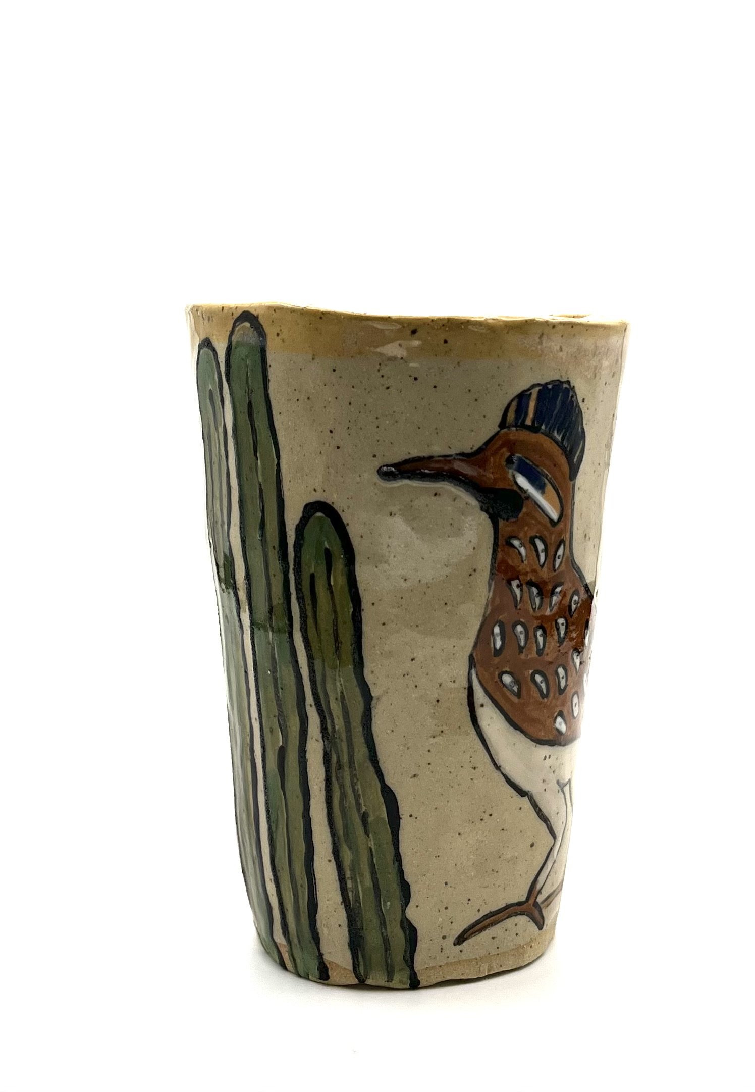 Ceramic vase with cactus and roadrunner design