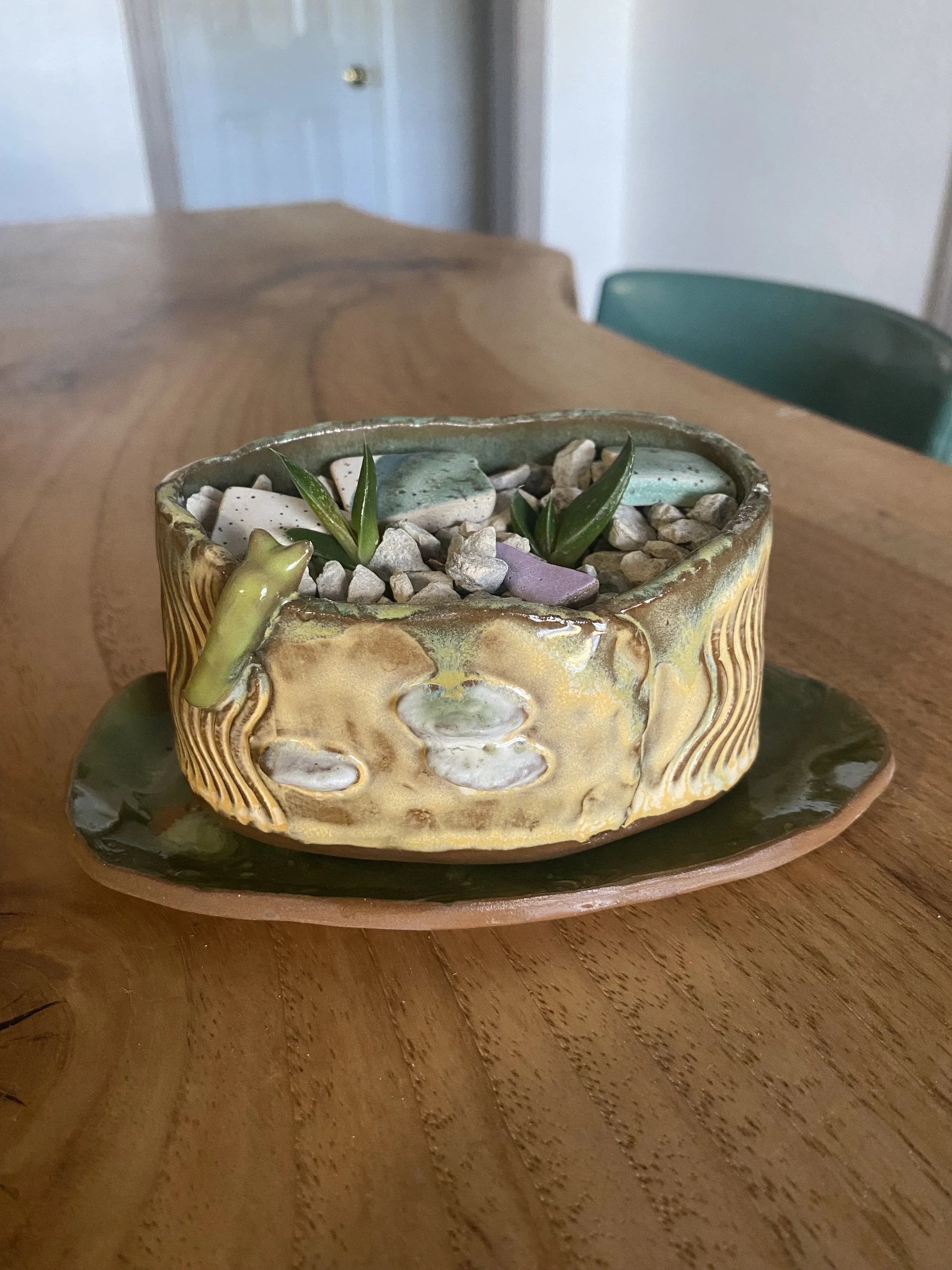 Ceramic rock bed with ceramic succulents