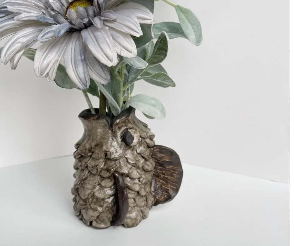 Brown and gray ceramic fish vase