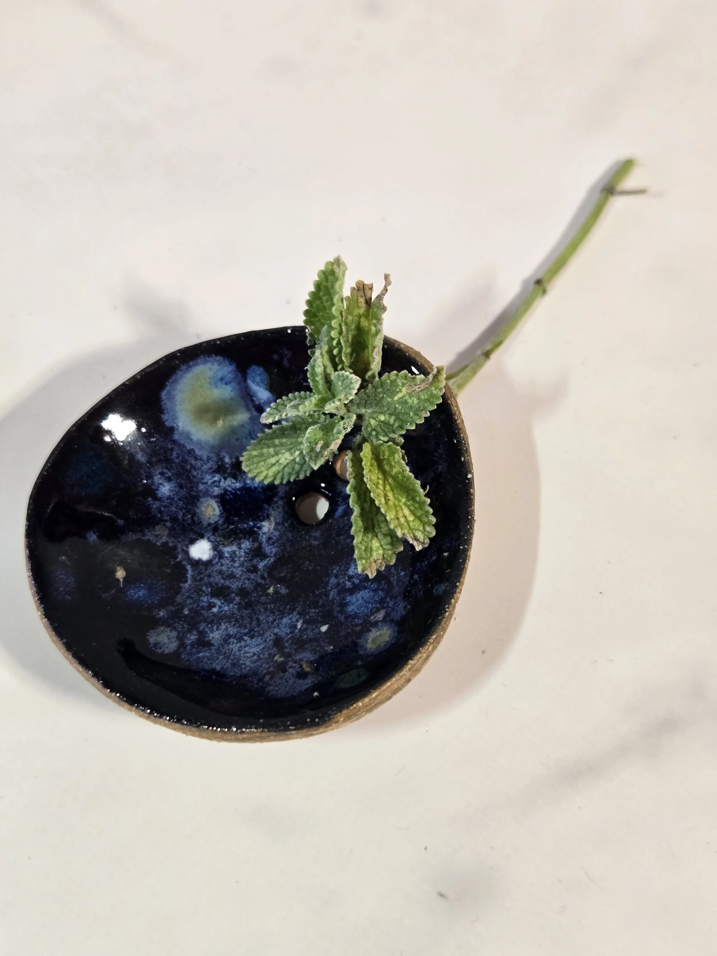 Black and blue ceramic herb stripper