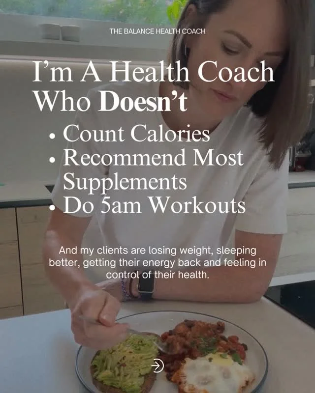 I'm a Health and Lifestyle Coach who doesn't count calories, doesn't recommend most supplements, doesn't do 5am workouts and yet my clients are losing weight, sleeping better, getting their energy back and feeling in control of their health, some of 