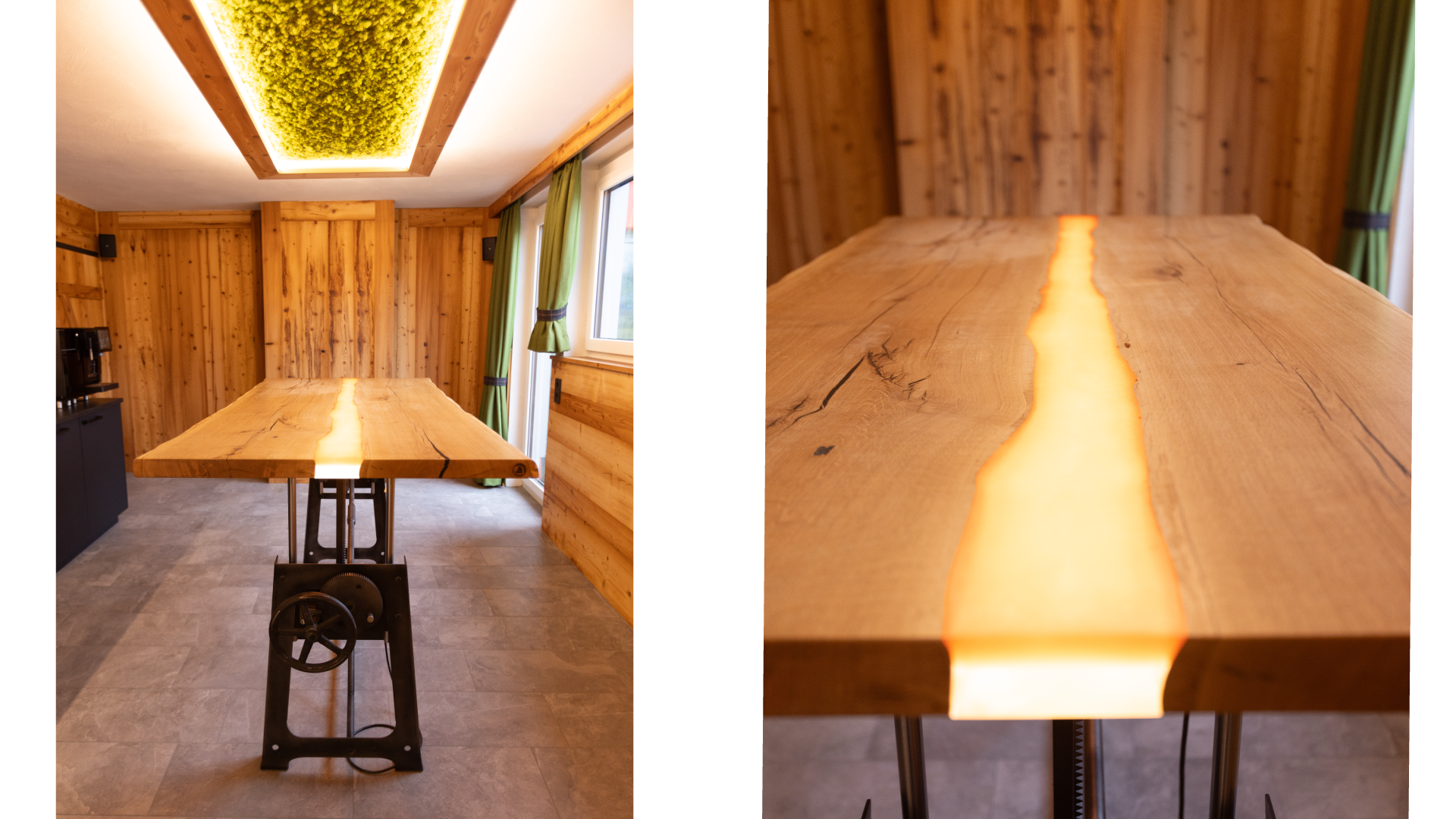 Ein heller Holztisch mit inlay-LED-Licht in der Mitte, in einer rustikalen Holz-Küchen- oder Esszimmerumgebung mit Fenstern und grünen Vorhängen.
