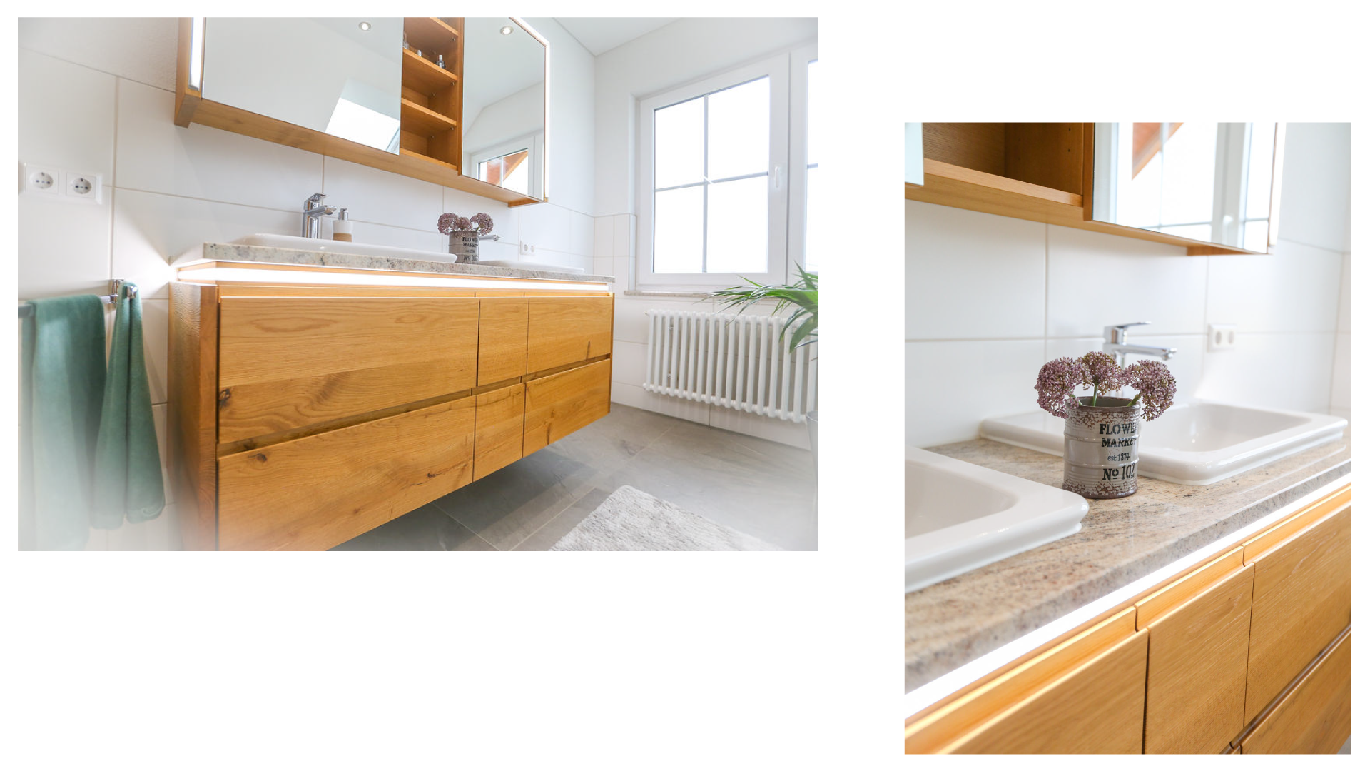 Moderner Badezimmer mit Holz Waschtisch, grünem Handtuch, Fenster mit Tageslicht, Spiegelschrank, Pflanze und Blumen