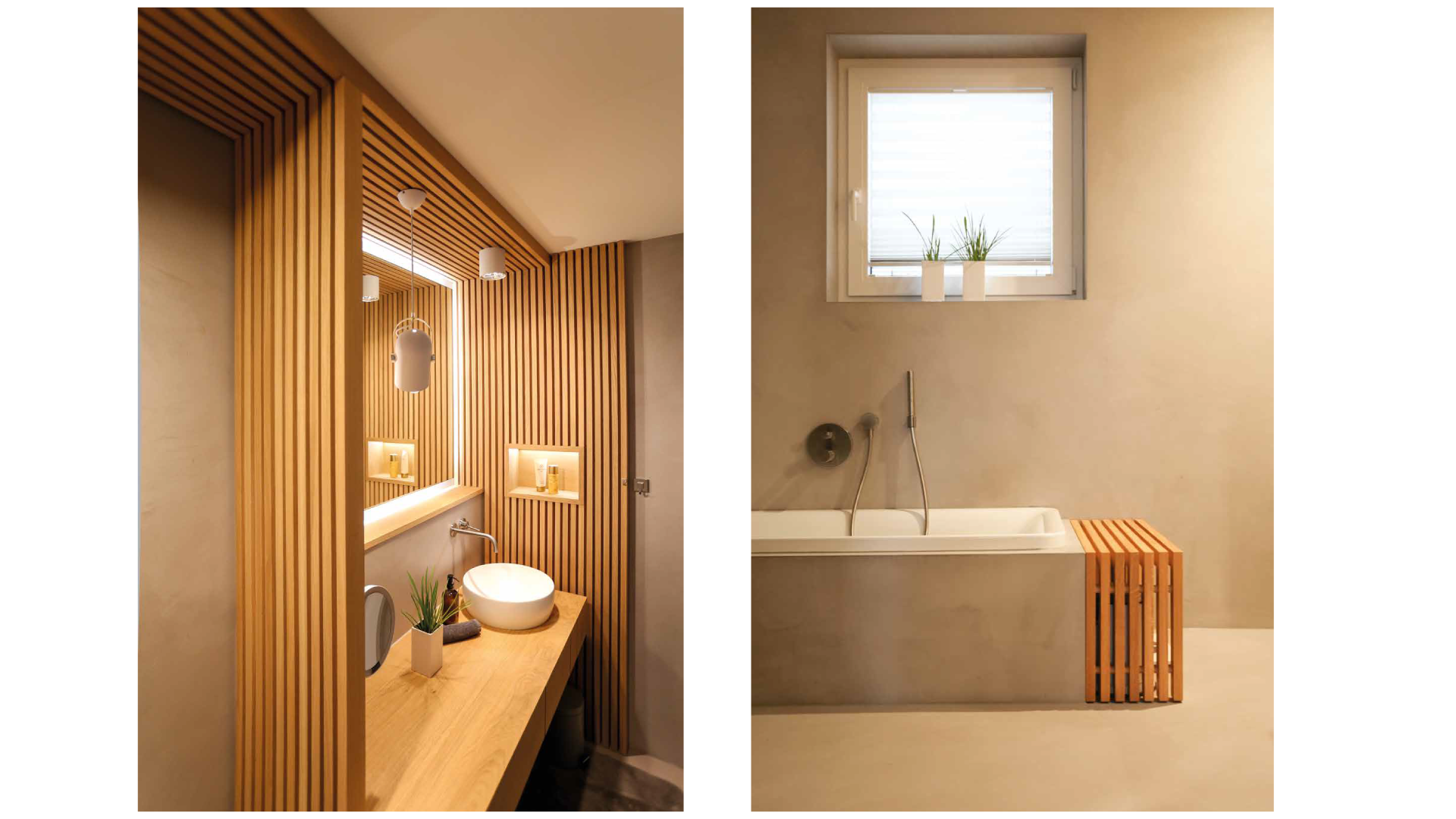 Zwei Badezimmer mit modernem Design, eines mit Holzvertäfelung, Spiegel und Waschtisch, das andere mit Badewanne und Fenster mit Pflanzen. Beide Räume sind hell und minimalistisch gestaltet.