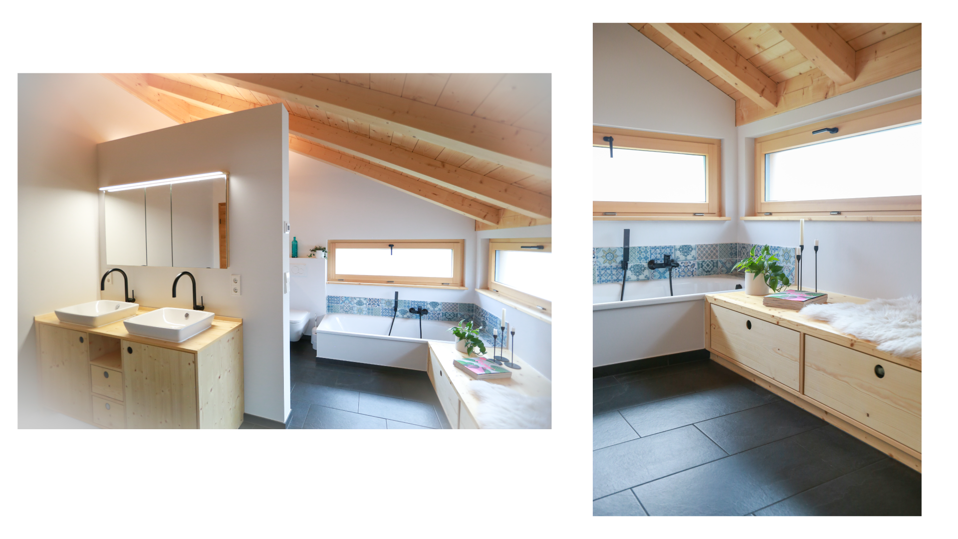 Modernes Badezimmer mit zwei Waschbecken, einer Badewanne und einem Fenster mit Holzeinfassung, minimalistisches Design mit natürlichen Materialien und dunklen Fliesen.
