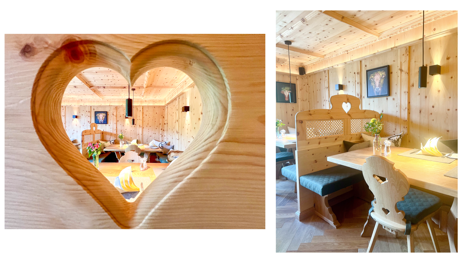 Ein Blick durch ein Holzherz auf einen rustikalen, Holztisch in einem gemütlichen, holzvertäfelten Raum, mit gepolsterten Sitzbänken und dekorativen Pflanzen.