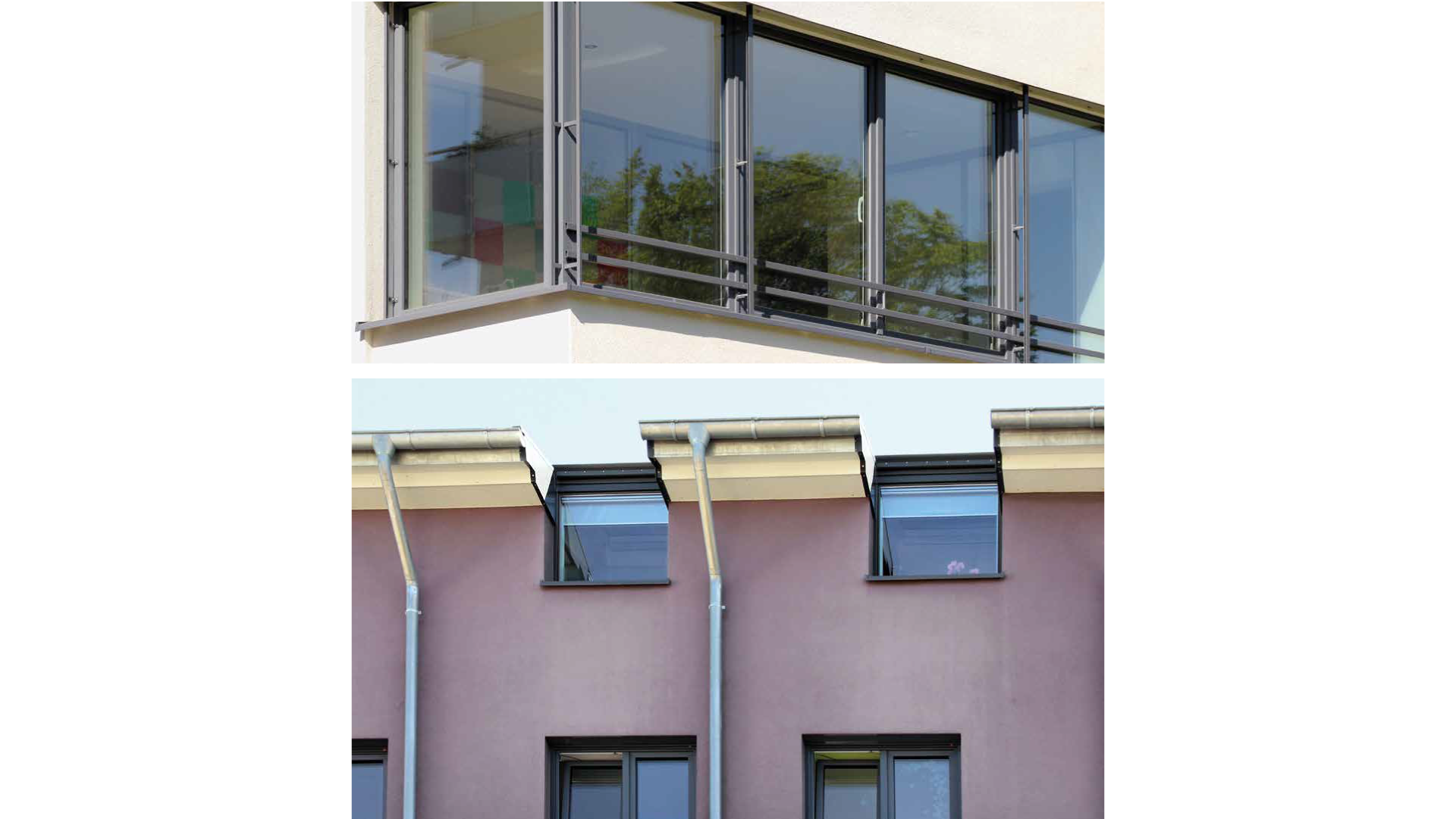 Oben: Modernes Fenster auf Balkon mit Glas und Metallrahmen. Unten: Hauswand mit zwei kleinen Fenstern, Regenschirme neben den Fenstern, Farbe der Wand ist rosa, mit Regenrinnen in Metalloptik.