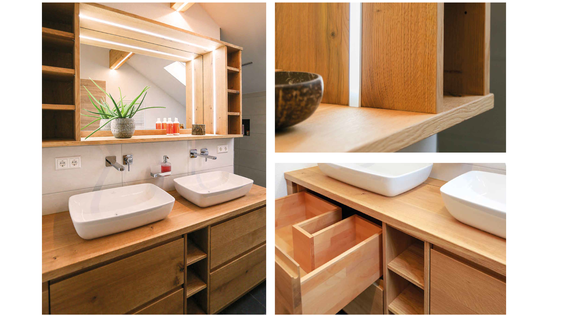 Das Bild zeigt eine moderne Holzbadmöbel mit zwei Waschbecken, einer großen goldbelaubten Holzplatte, einem Spiegelschrank mit offenen Regalen, einer Pflanze in einer grauen Vase und verschiedenen Pflegeprodukten auf einer Holzleiste.