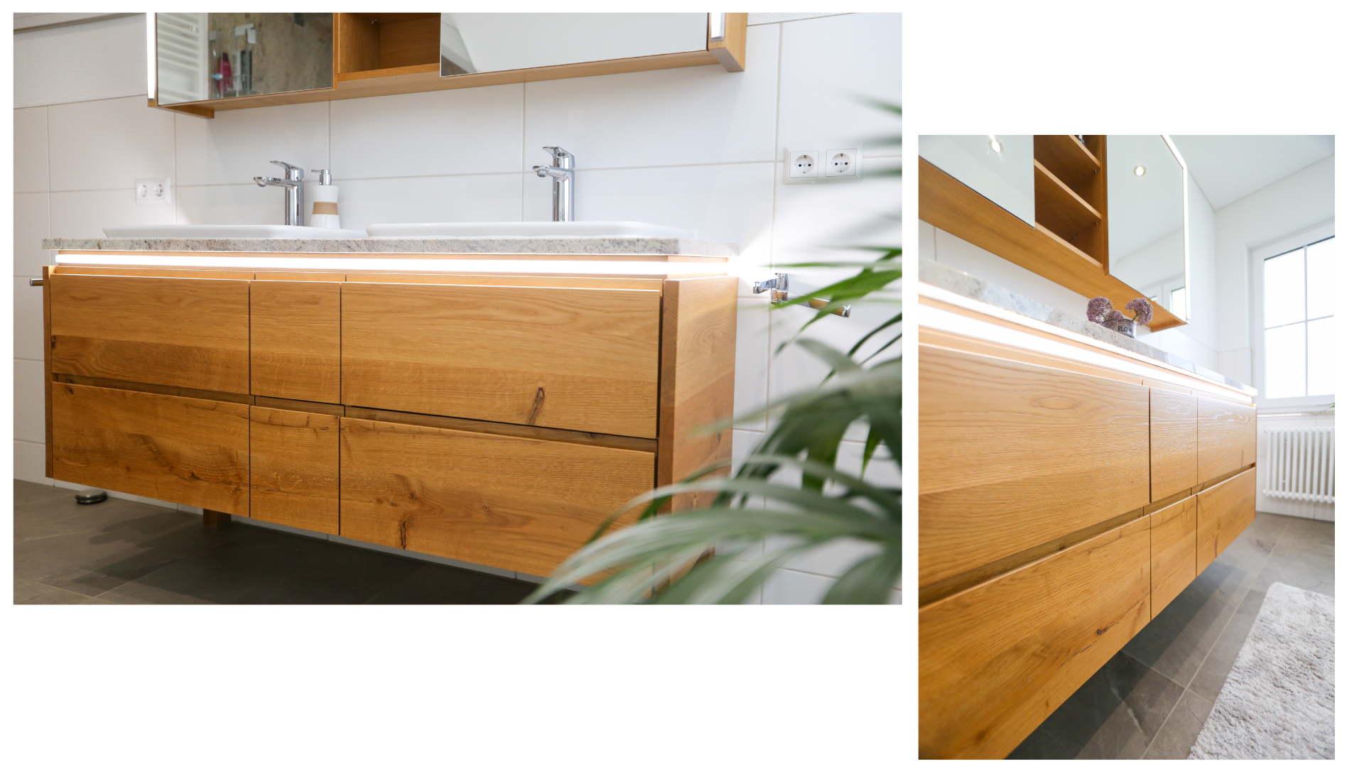 Moderner Holzwaschbeckenschrank in einem Badezimmer mit zwei Waschbecken und Spiegel